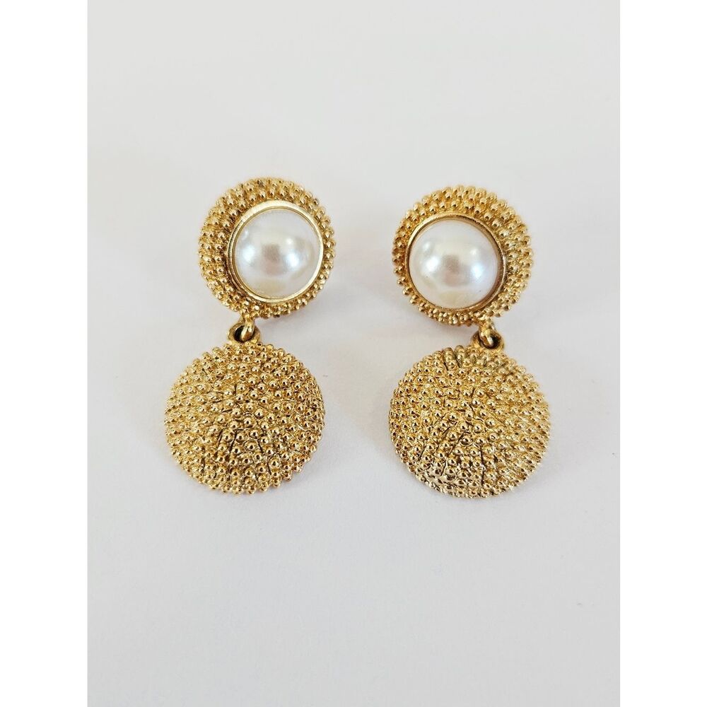Vintage Erwin Pearl Signed Textured Gold Tone Faux Pearl Round Dangle Earrings